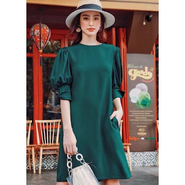 Đầm xanh lính tay nút bọc