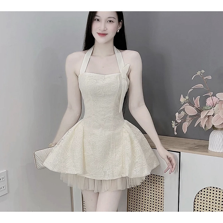 Váy thiết kế cổ yếm dáng ngắn xoè bồng nơ bên cao cấp