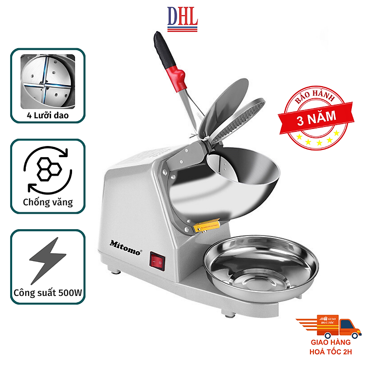 Máy xay đá bào, đá tuyết mịn 4 lưỡi, 2 nắp Mitomo MBD - 500 MAX HÀNG CHÍNH HÃNG - BẢO HÀNH 3 NĂM