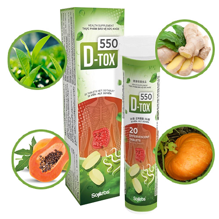 Viên Sủi Hỗ Trợ Vi Sinh Đường Ruột D-TOX 550 giúp nhuận tràng giảm táo bón, hỗ trợ giảm nhiễm ký sinh trùng đường ruột, ổn định hệ tiêu hoá - Hộp 20 viên