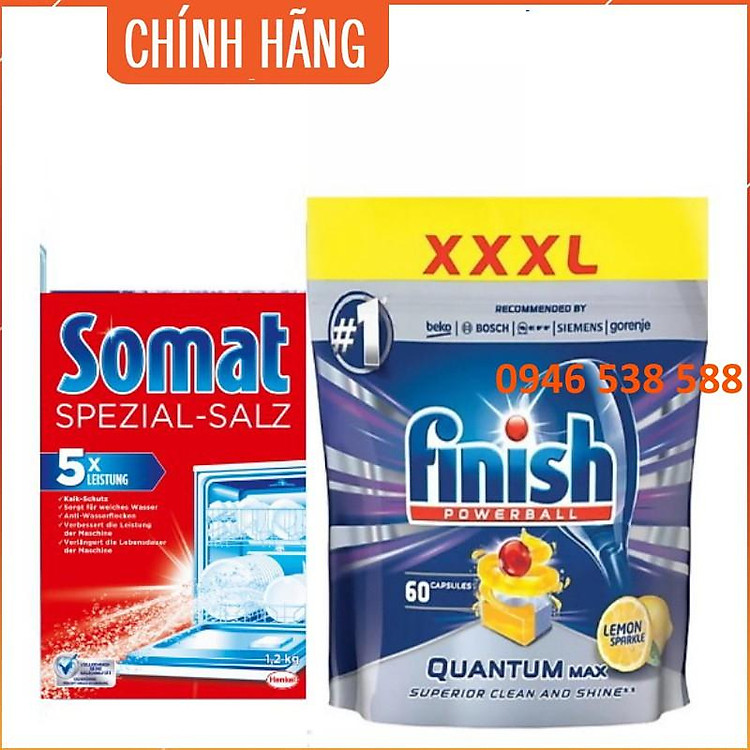Combo 60 viên rửa bát finish quantum max + muối rửa bát somat 1.2kg
