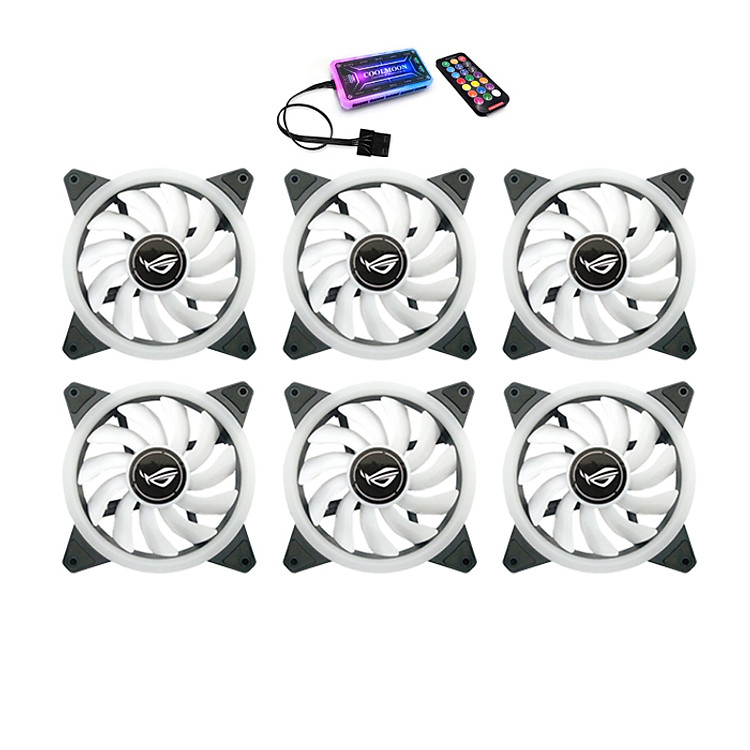 6 Quạt Tản Nhiệt, Fan Case ROG Led RGB Dual Ring-Kèm Bộ Hub Và Remote - Hàng nhập khẩu