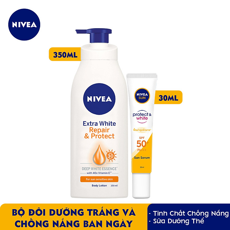 Bộ đôi Tinh Chất Chống Nắng NIVEA Dưỡng Trắng & Phục Hồi SPF50+ PA+++ (30ml) - 86016 & Sữa Dưỡng Thể Dưỡng Trắng NIVEA Ban Ngày Giúp Phục Hồi & Chống Nắng SPF30 (350ml) - 88311