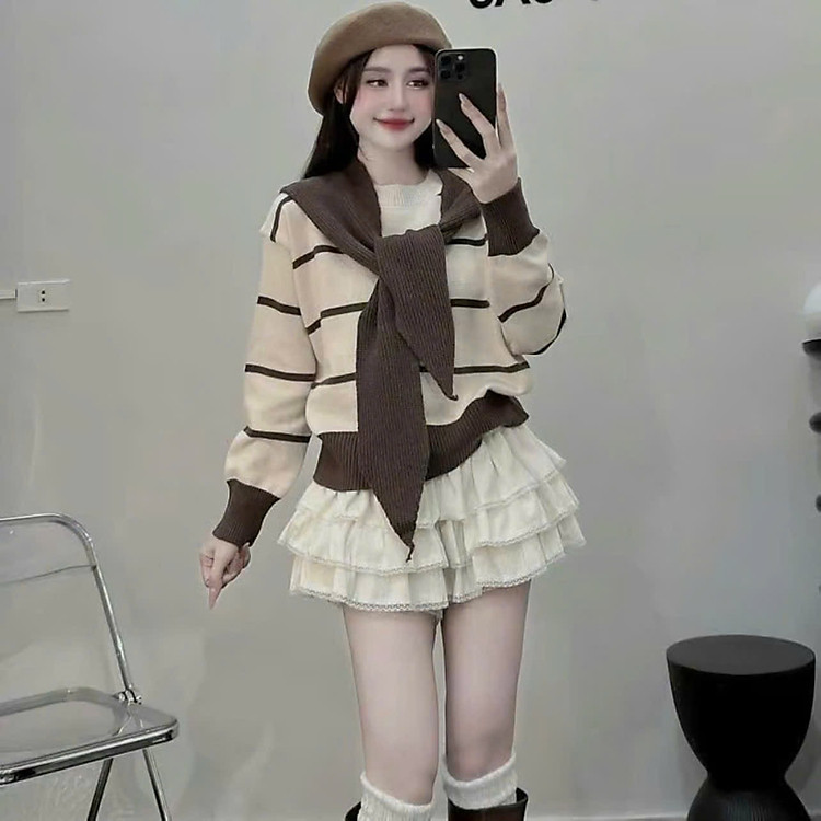 Áo len kẻ kèm khăn-Form Đẹp Chuẩn Hàn, Len Dày Mịn,Hot Trend Mùa Đông