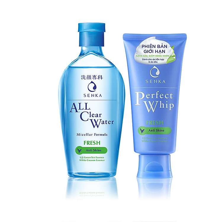 Combo Nước Tẩy Trang Sạch Thoáng All clear water Micellar Fresh và Sữa rửa mặt tạo bọt làm sạch sâu và giảm bóng nhờn Senka Perfect whip Fresh (230ml + 100g)