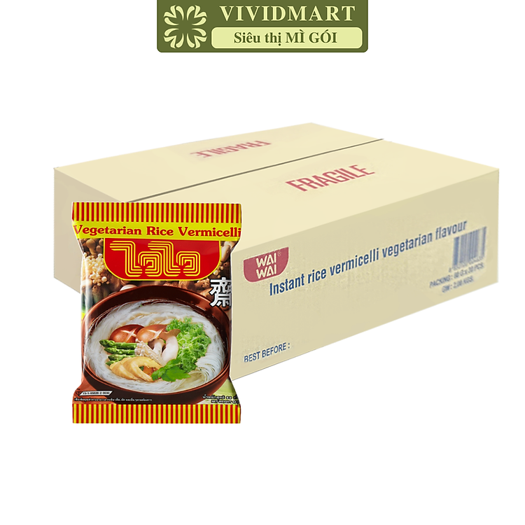 WAI WAI - Bún gạo WaiWai chay, Bún Wai Wai hương vị bún gạo chay, Bún gạo ăn liền WaiWai chay (60g/gói)