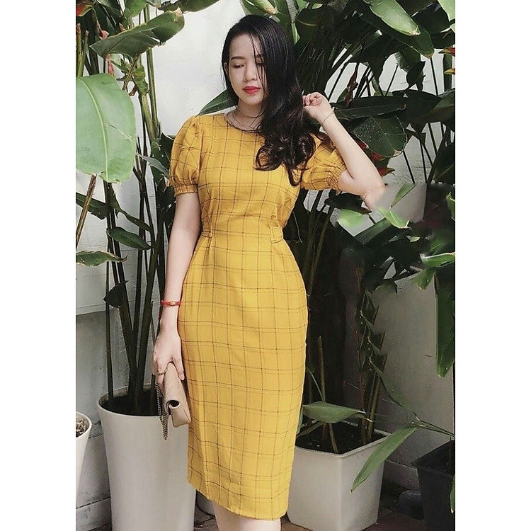 Đầm Kẻ Ô Cột Eo 2 Màu