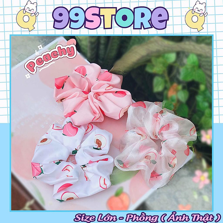 ( Ảnh Thật ) Cột Tóc Vải Scrunchies Trái Đào