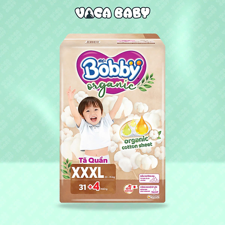 Tã Bỉm Quần Hữu cơ lành tính Bobby Organic Mẫu Mới đủ size M54+4/ L48+4/ XL46+4/ XXL42+4/ XXXL31+4 miếng