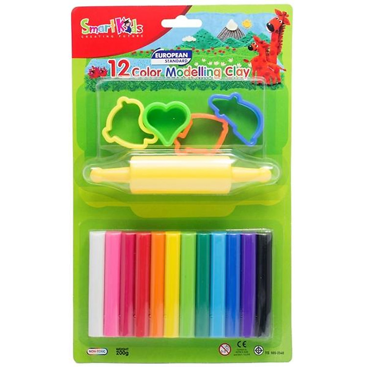 Sáp Nặn Học Tập 12 Màu Thường SMARTKIDS (4 khuôn + 1 cây lăn)