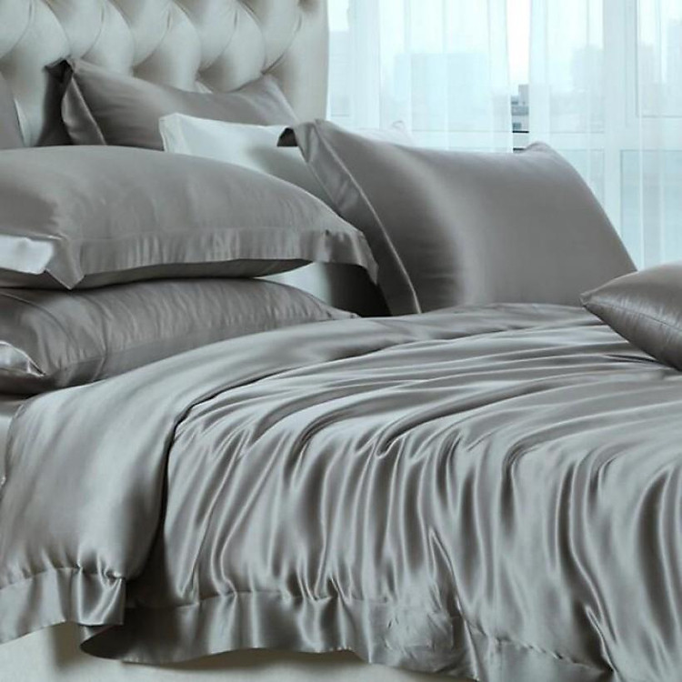 Bộ Vỏ Chăn Ga Gối Lụa Lavish silk 5 Món Cao Cấp Lan Bedding Màu Xám Ghi