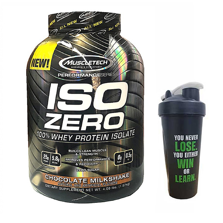 Combo Sữa tăng cơ ISO ZERO 100% Whey Protein Isolate của Muscle Tech hỗ trợ tăng cơ giảm cân đốt mỡ hương Chocolate hộp 4lbs & Bình lắc 600 ml (Màu Ngẫu Nhiên)