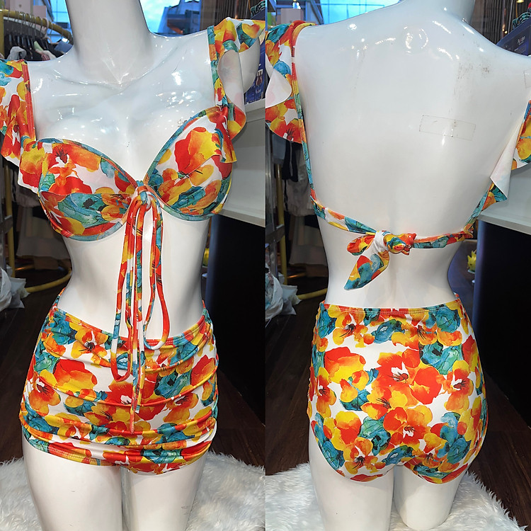 Bikini Đi Biển Hai Mảnh Kèm Mút Lót Phối Hoa Xinh Xắn