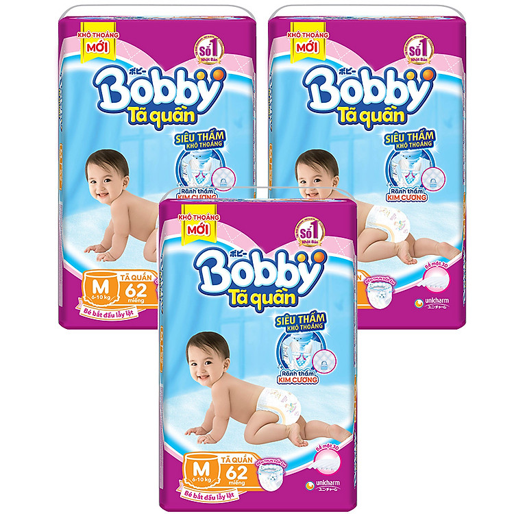 Combo 3 Gói Tã Quần Bobby Gói Siêu Lớn M62 (62 Miếng)
