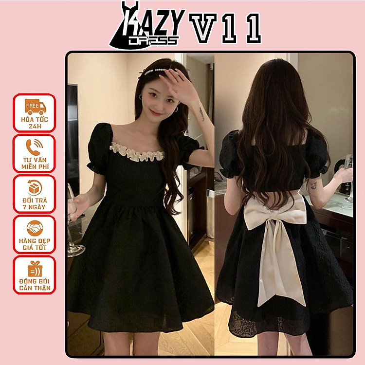 Đầm váy công chúa Babydoll khoét lưng thắt nơ xinh xắn phong cách tiểu thư Hàn Quốc KAZY STORE V011