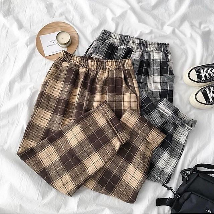 Quần sọc Caro Nam Nữ Unisex kẻ ô ống suông màu Nâu/ Đen