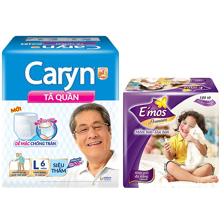 Tã Quần Caryn Siêu Thấm L6 (6 Miếng) - Tặng 1 khăn giấy Emos 100 tờ