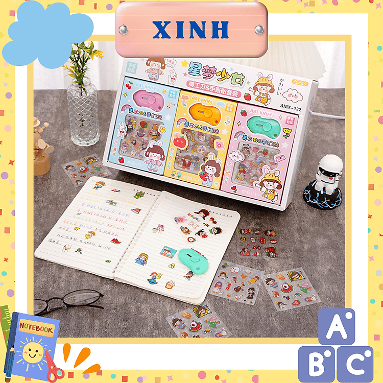 Hộp sticker 8 tấm trong suốt kèm dao tiện ích