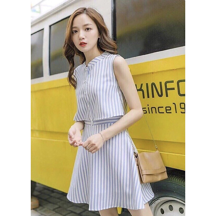 Đầm sọc cổ trụ 2 lớp