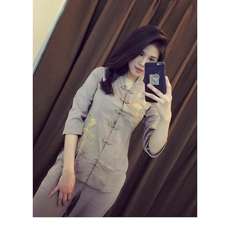 Áo Lam ĐI Chùa - Bộ Cổ tàu thêu Sen Màu Xi Măng