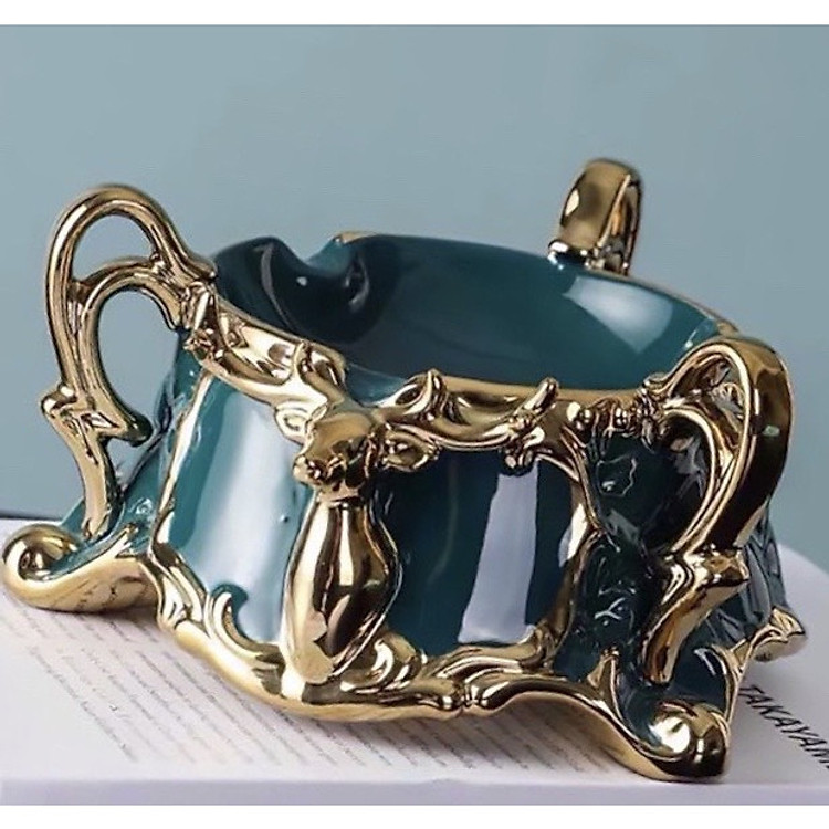 GẠT TÀN THUỐC LÁ CHẤT LIỆU SỨ KALANDI MÀU XANH CỔ VỊT VIỀN VÀNG SANG TRỌNG - ANTH255