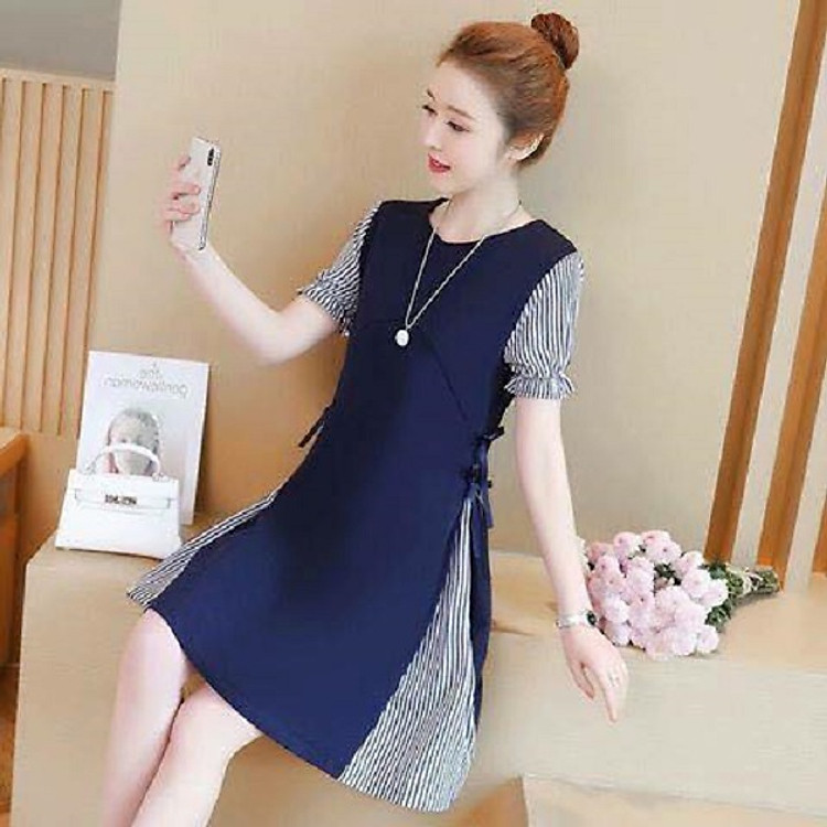 Váy bầu hè xanh than phối tay kẻ MYC1286