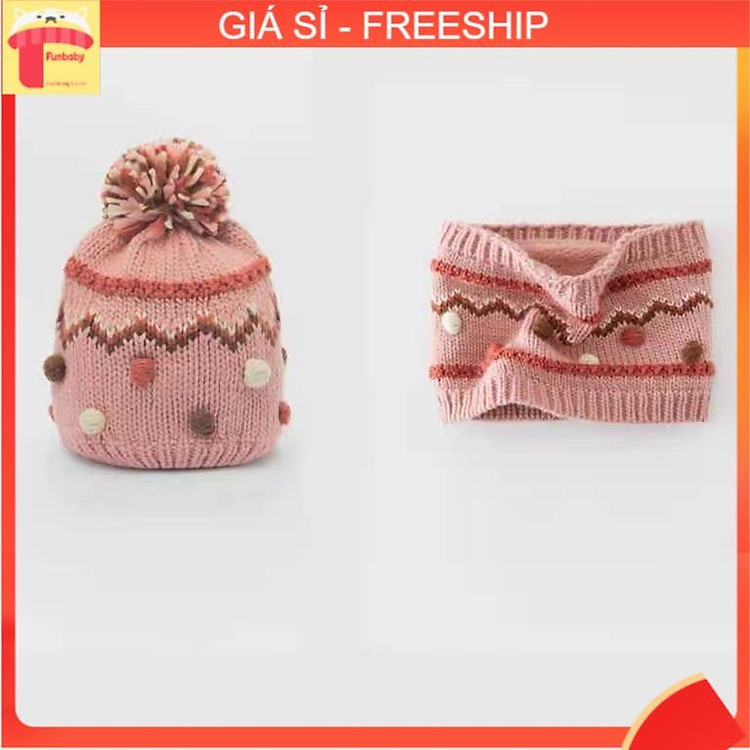 Mũ len cho bé kèm khăn ống 1-5 tuổi, Set mũ len bé gái bên trong lót lông và cotton