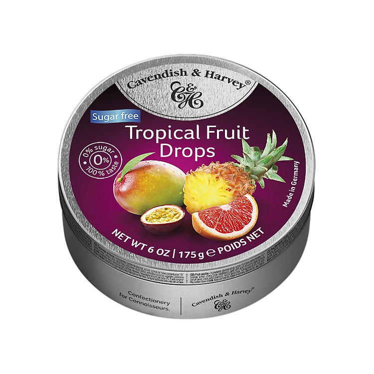 Kẹo Trái Cây Nhiệt Đới Không Đường Cavendish & Harvey (175g) Sugar Free Tropical Fruit Cao Cấp Hộp Thiếc Bạc Nhập Khẩu