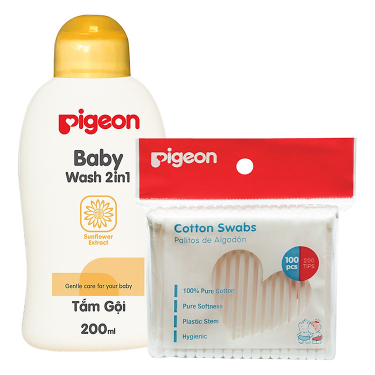 Combo Tắm Gội 2 In 1 Hoa Hướng Dương Pigeon Nắp Màu (200ml) + Tăm Bông 100c/H-10872