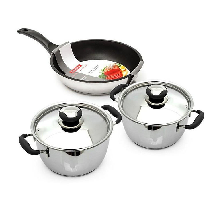 Bộ nồi chảo Fivestar 3 chiếc nắp inox 3 đáy bếp từ inox 430 quai silicon chống nóng