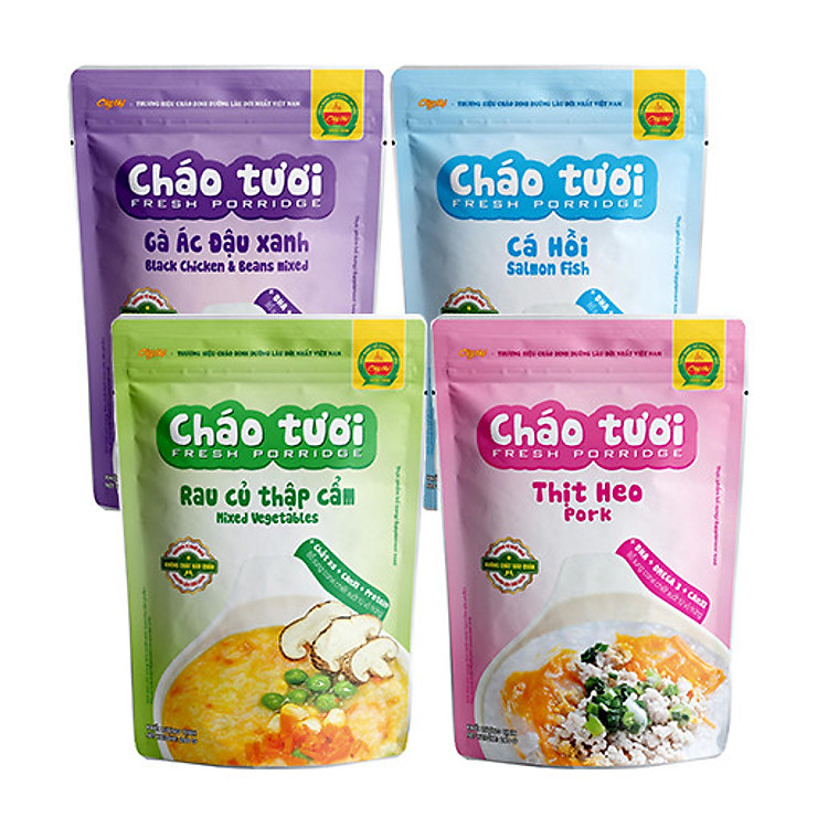Combo 4 Gói Cháo Tươi Cây Thị Vị: Gà Ác Đậu Xanh, Cá Hồi, Rau Củ Thập Cẩm, Thịt Heo