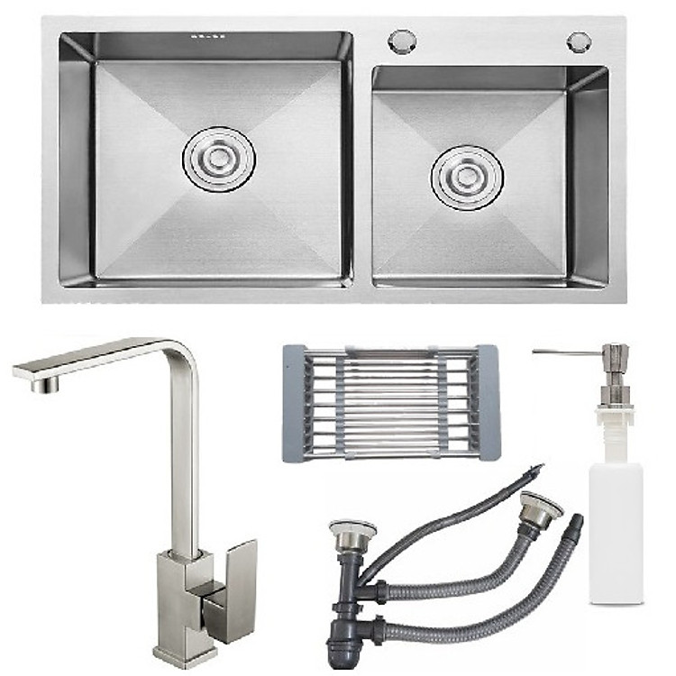 Combo chậu rửa bát inox sus304 8245 hố lệch + vòi rửa bát inox nóng lạnh Vuông+ bình xà phòng + rá inox đa năng + bộ xả chậu