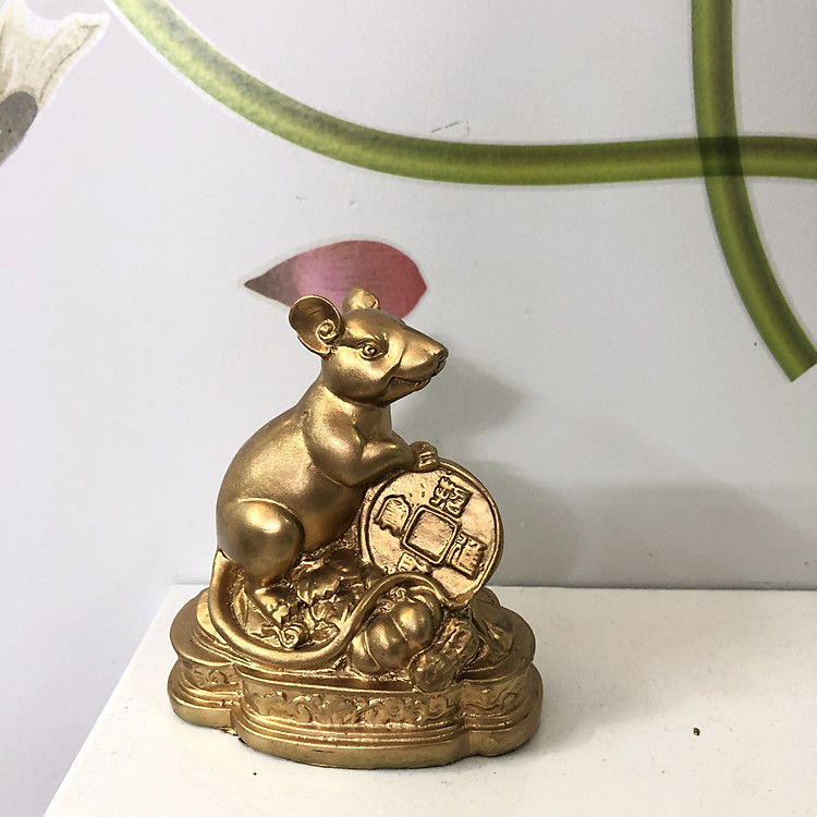 Tượng đá trang trí để bàn làm việc Chuột phong thủy - Màu nhũ vàng - Cao 11cm