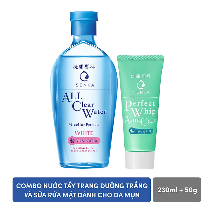 Combo Nước tẩy trang dưỡng trắng Senka All Clear Water Micellar Formula White 230ml + Sữa rửa mặt dành cho da mụn Senka Perfect Whip Acne Care 50g