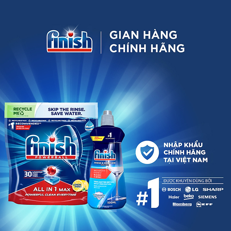 Combo 1 Cho Người Mới Bắt Đầu: Túi 30 Viên Nước Rửa Bát All In One Max + Nước Làm Bóng Rinse & Shine Aid