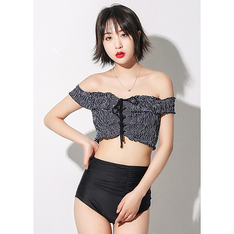 Bikini 2 mảnh áo vai trần, quần cạp cao qua rốn, phong cách đơn giản, dễ mặc | KT064