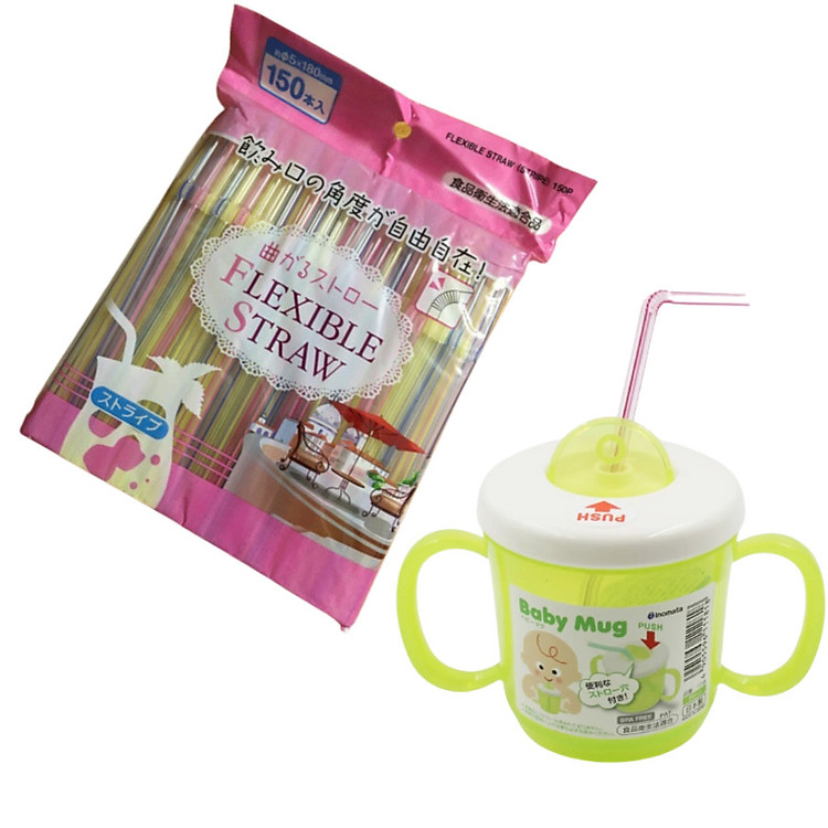 Combo cốc tập uống có lỗ cắm ống hút 210ml kèm 150 ống hút nhựa PP an toàn