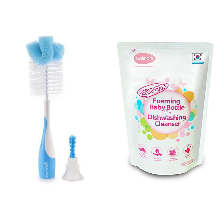 Combo cọ rửa bình sữa siêu bền Munchkin và túi nước rửa bình sữa unimom