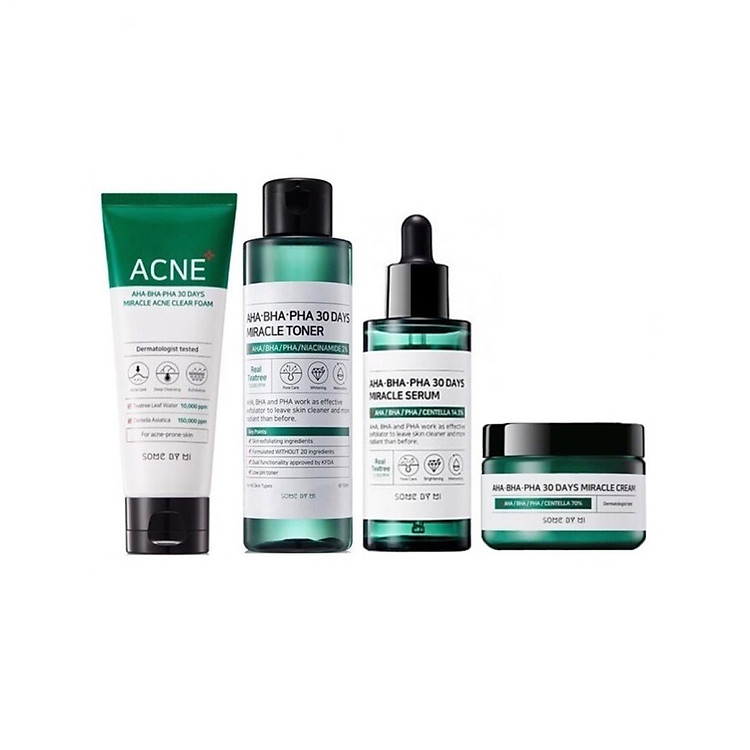 Bộ 4 Sản Phẩm Ngăn Ngừa Mụn Giảm Thâm Some By Mi AHA-BHA-PHA 30 Days Miracle (Sữa rửa mặt 100ml + Toner 150ml + Serum 50ml + Cream 60g)