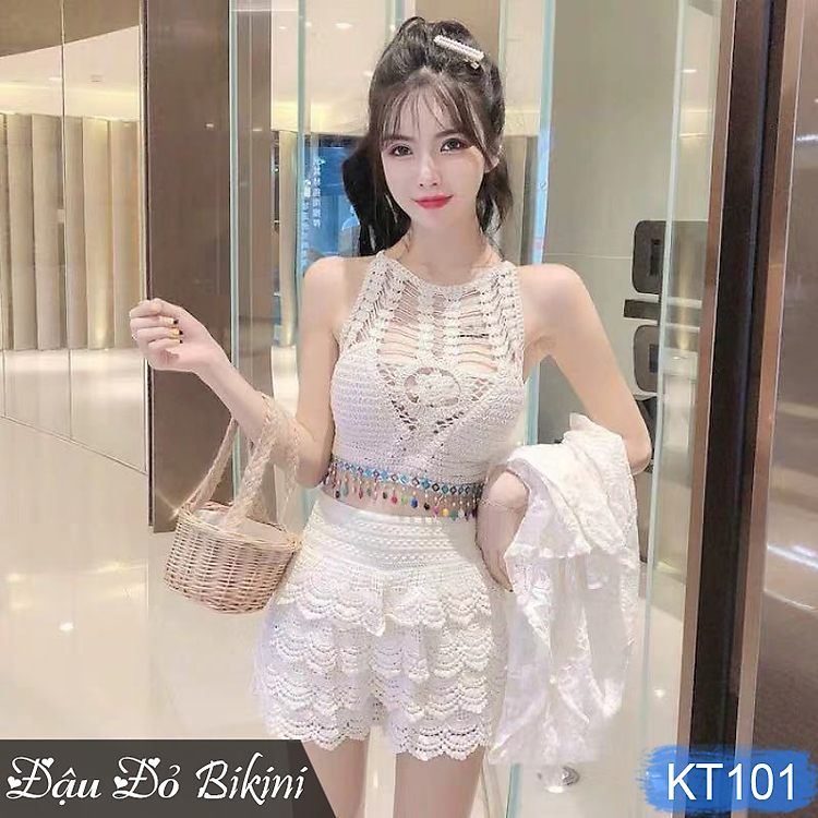 Bikini len siêu đẹp cùng chân váy ren điệu đà, đồ bơi len ren sexy quyến rũ, có sẵn đệm mút, chất len cotton đẹp | KT101