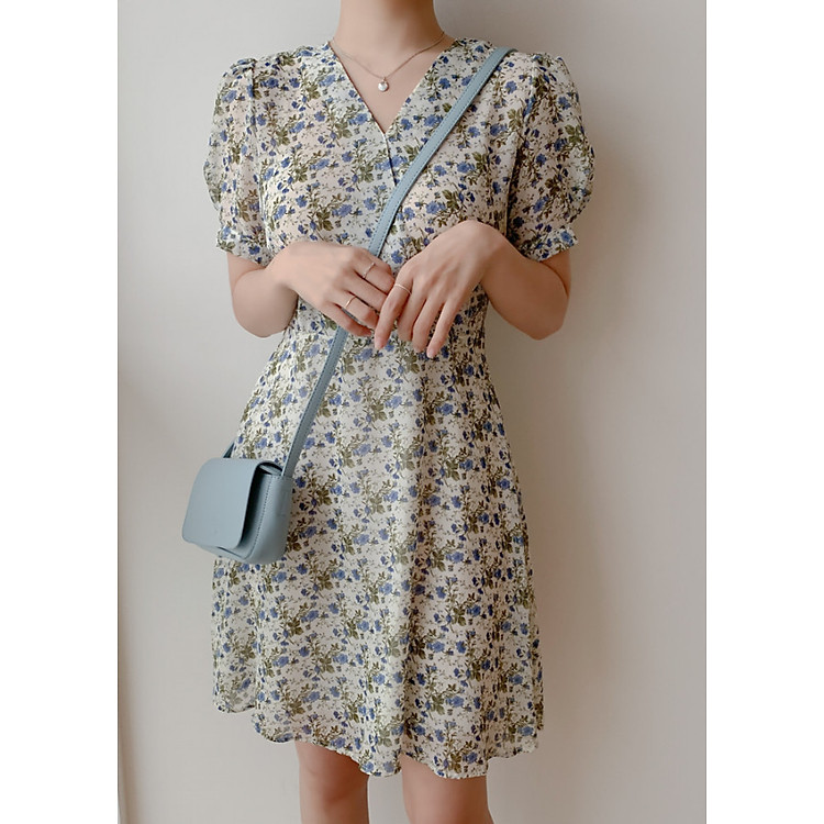 Đầm hoa cổ V tay bồng BYANTY DRESS