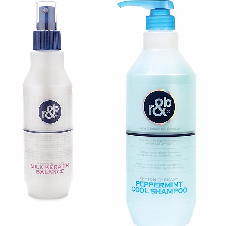 Combo Dầu gội bạc hà R&B Peppermint 1000ml - Nước dưỡng tóc dưỡng ẩm phục hồi tóc hư tổn R&B Milk Keratin Balance 250ml