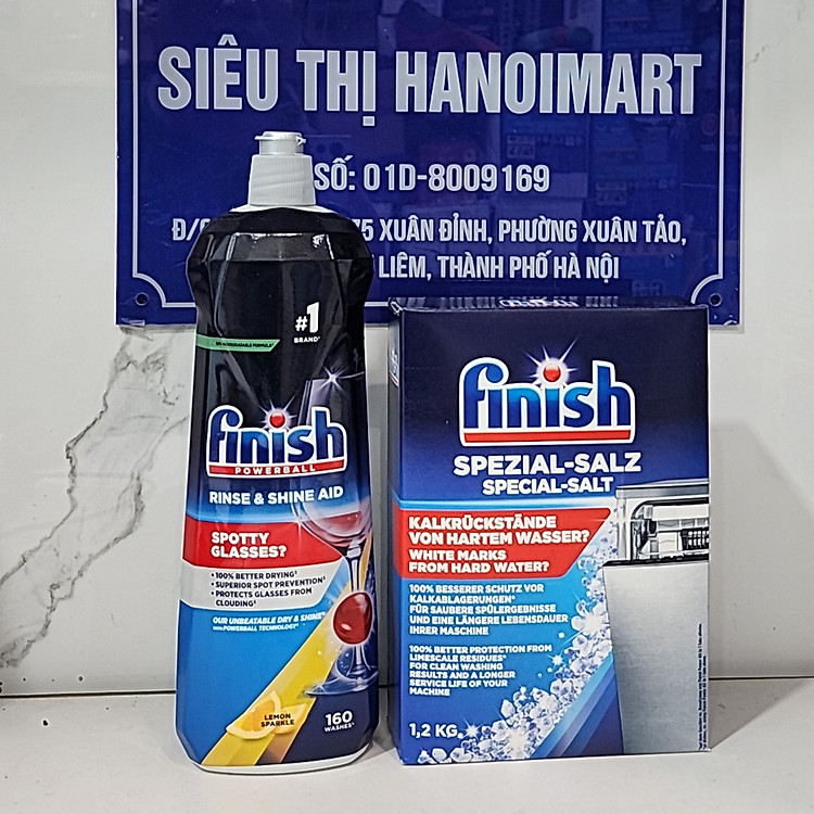 Combo Muối rửa bát finish 1.5kg + Nước làm bóng finish 750ml dùng cho Máy rửa bát chén ly
