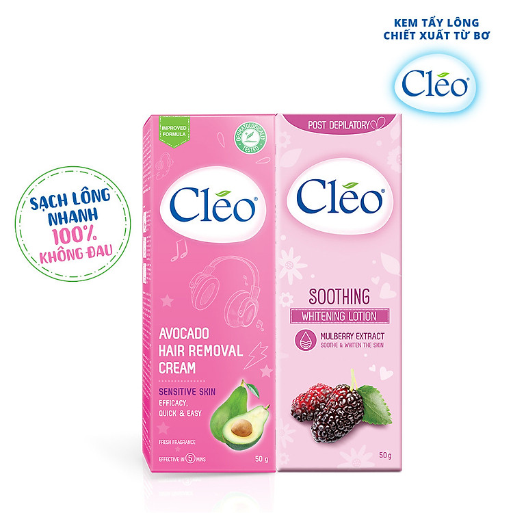 Bộ đôi Kem tẩy lông Cléo da nhạy cảm 50g và Sữa dưỡng dịu da sau tẩy lông Cléo giúp trắng sáng 50g