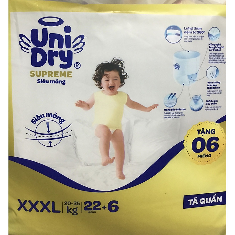 Tặng Thêm 6 Miếng Bên Trong - Tã Quần UniDry XXXL22 Siêu Mỏng Cho Bé Từ 20-35kg - Date mới