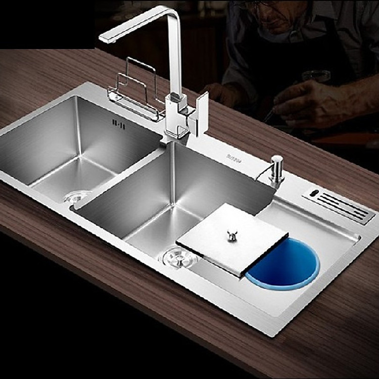 Chậu rửa chén bát inox sus304 Valenza 10048 có hộc cài dao thớt, bộ xiphong ống xả chống hôi, kèm rá rau củ inox đa năng