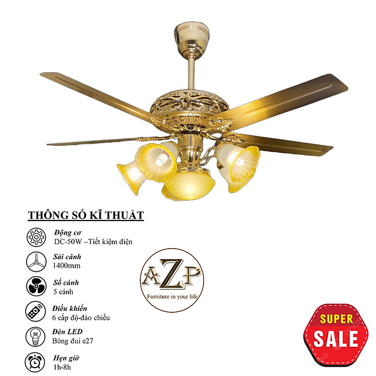 Siêu Sales QUẠT TRẦN AZP- 5 CÁNH KIM LOẠI, CÔNG XUẤT 50W, CÓ REMOTE- Hàng Nhập Khẩu