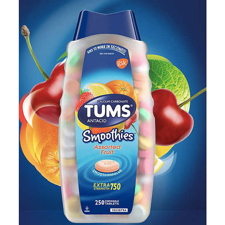 Viên nhai hỗ trợ điều trị Dạ dày Tums Smoothies Assorted Fruit 250 viên nhập Mỹ