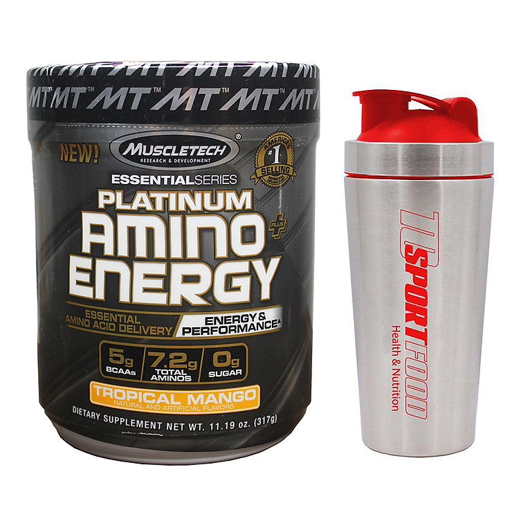 Combo BCAA Platinum Amino Plus Energy của Muscle Tech hương Tropical Mango (XOÀI) hộp 30 lần dùng hỗ trợ tăng sức bền, sức mạnh, đốt mỡ giảm cân mạnh mẽ, phục hồi cơ nhanh chóng cho người tập GYM và chơi thể thao thao & Bình lắc INOX 739ml (Mẫu ngẫu nhiên