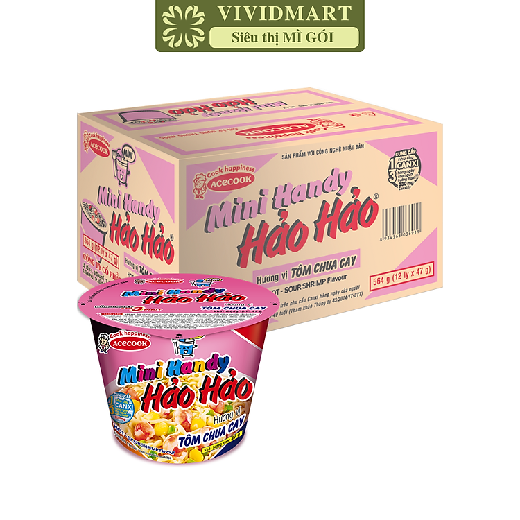 ACECOOK - Mì ly Mini Handy Hảo Hảo hương vị Tôm chua cay, Mì ly Tôm chua cay Hảo Hảo Mini Handy (47g/ly)